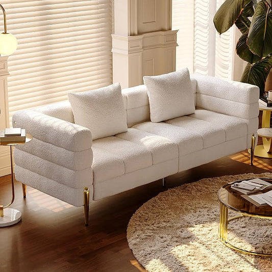 homary 79" Modern Boucle Sofa Couch, White Curved 3 Seater Couch with Deep Seat & Pillows, Upholstered Luxury Sofa for Living Room Apartment