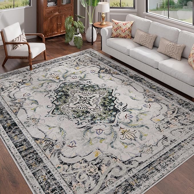 RUSHUFFY 5x7 Washable Area Rugs for Bedroom, Vintage Boho Distressed Print Pattern Rugs for Living Room, Soft Non-Slip Carpet for Indoor Dining Room Nursery Farmhouse Girls Room, Grey White