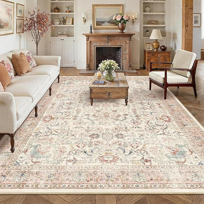 8x10 Pink Washable Area Rugs for Living Room Non Slip Low Pile Vintage Boho Throw Rug Soft Retro Distressed Floral Large Carpet Indoor Farmhouse Decor for Bedroom Dining Room Office Kitchen Playroom
