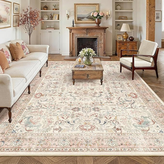 8x10 Pink Washable Area Rugs for Living Room Non Slip Low Pile Vintage Boho Throw Rug Soft Retro Distressed Floral Large Carpet Indoor Farmhouse Decor for Bedroom Dining Room Office Kitchen Playroom
