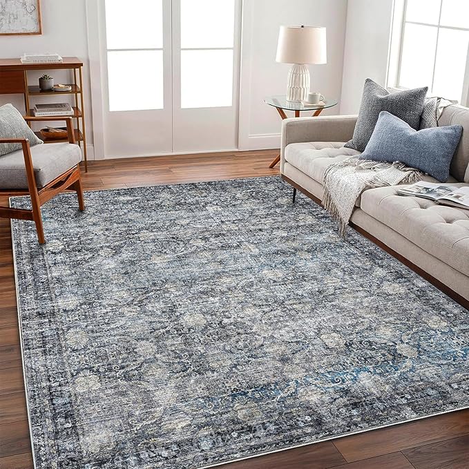 CHAMPLANT Washable Area Rug 4'x6' Traditional Floor Cover Foldable Thin Rugs Retro Kitchen Indoor Distressed Non Slip Carpet Floral Print Mat Bedroom Living Room