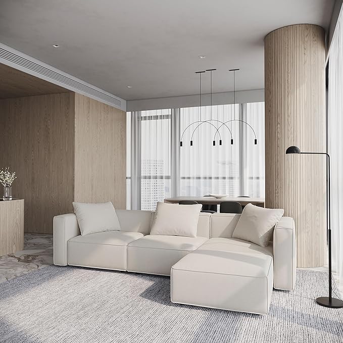 Acanva Luxury Modular Sectional Living Room Sofa Set, Modern Minimalist Style Couch with Ottoman and Chaise, L-Shape, Linen-Like Cream | Minimalist Style