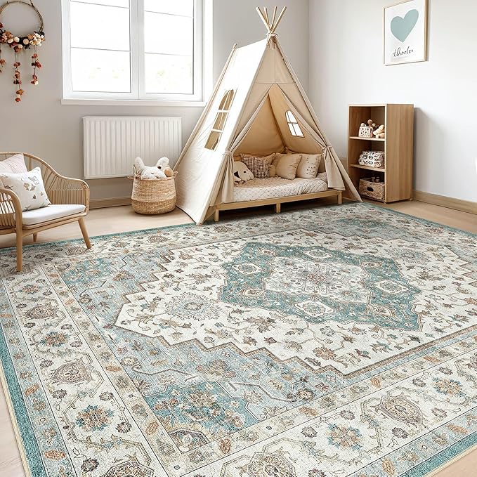 10x13 Area Rug Living Room: Washable Boho Large Neutral Vintage Soft Rug Stain Resistant Farmhouse Non-Slip Indoor Floor Carpet for Bedroom Nursery Kids Playroom Office Dining Room Home- Teal Brown
