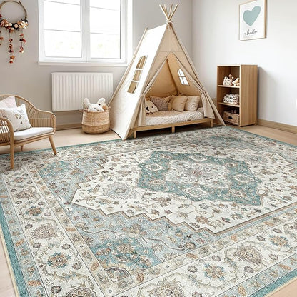 10x13 Area Rug Living Room: Washable Boho Large Neutral Vintage Soft Rug Stain Resistant Farmhouse Non-Slip Indoor Floor Carpet for Bedroom Nursery Kids Playroom Office Dining Room Home- Teal Brown