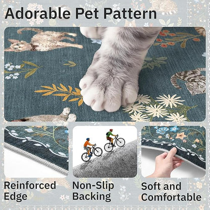 Soalmost Cat 6x9 Area Rugs for Living Room, Machine Washable Animal Floral Vintage Rug Non-Slip Low Pile Soft Throw Rugs for Bedroom Dining Room Kitchen Nursery Playroom (6 x 9,Navy Blue)
