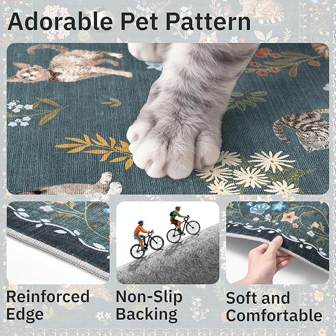Soalmost Cat 3x5 Area Rugs for Entryway, Machine Washable Animal Floral Accent Rug Non-Slip Low Pile Soft Throw Rugs for Kitchen Bedside Living Room Bedroom Kids Room (3 x 5,Navy Blue)