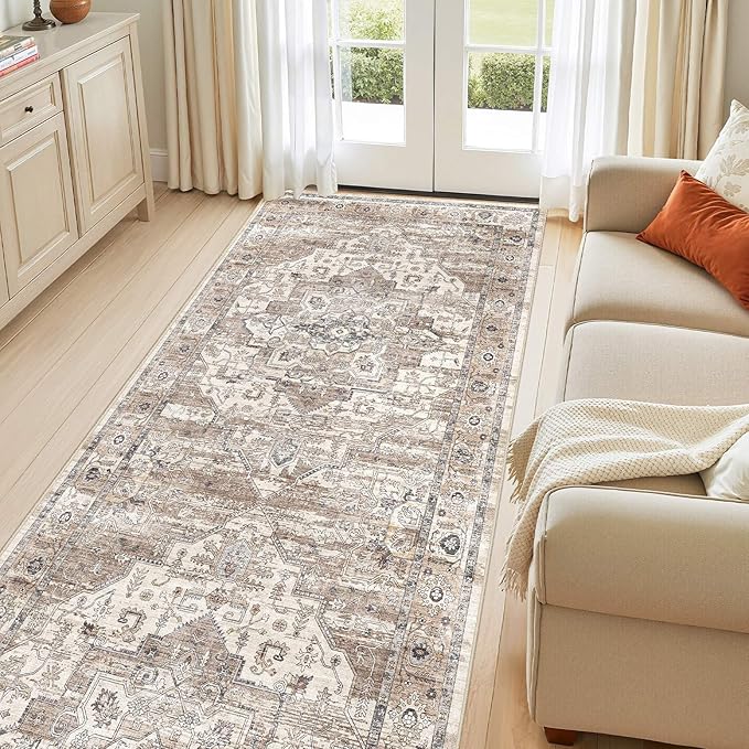 3x12 Washable Runner Rug :Hallway Runner with Non Slip Backing Farmhouse for Bedroom Bathroom Living Room Rug Vintage Large Soft Entryway for Kitchen Laundry Room Stain Resistant Carpet-Tea Brown