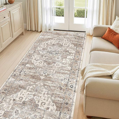 3x12 Washable Runner Rug :Hallway Runner with Non Slip Backing Farmhouse for Bedroom Bathroom Living Room Rug Vintage Large Soft Entryway for Kitchen Laundry Room Stain Resistant Carpet-Tea Brown