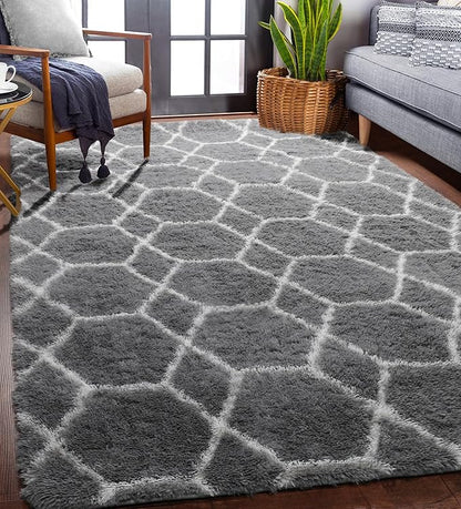 ONASAR Area Rugs for Living Room Bedroom, 5x8 Fluffy Grey and White Rug, Geometric Boho Soft Plush Shaggy Fuzzy Floor Carpet for Nursery Kids Girls Boys Teen Dorm Home Decor Aesthetic