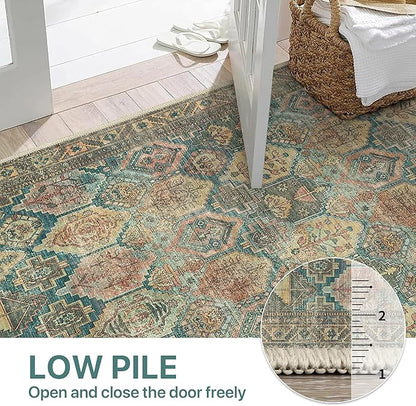 Bavni Washable Rug 8x10 Area Rug for Living Room Bedroom Dining, Washable Vintage Print Carpet, Ultra-Thin Low Pile Lightweight Rug with Non Slip Backing, Multi Green
