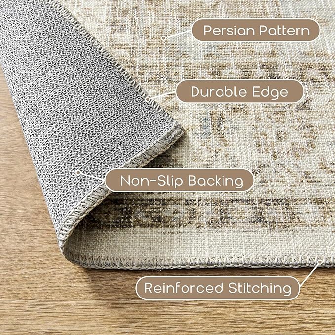 BILEEHOME 3x5 Area Rug, Washable Non Slip Neutral Farmhouse Persian Front Door Rug for Entry, Tan Beige and Light Brown with Terracotta Pattern