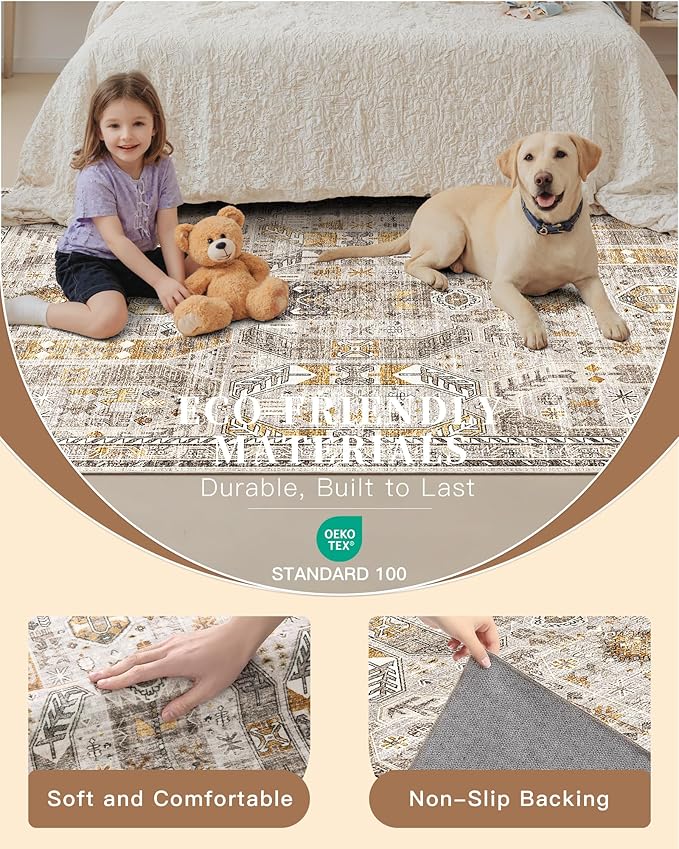 Madane Hallway Runner Rug 3x6 - Washable Kitchen Rugs Entryway Rug Runner Vintage Soft Floor Mat Non Slip Indoor Farmhouse Carpet for Bathroom Living Room Bedroom (3 X 6, Brown/Gold)