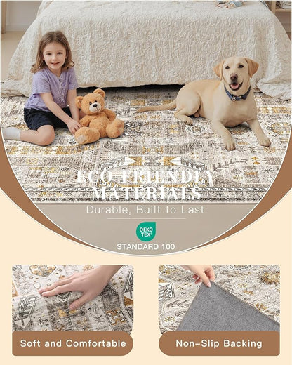 Madane Hallway Runner Rug 3x6 - Washable Kitchen Rugs Entryway Rug Runner Vintage Soft Floor Mat Non Slip Indoor Farmhouse Carpet for Bathroom Living Room Bedroom (3 X 6, Brown/Gold)