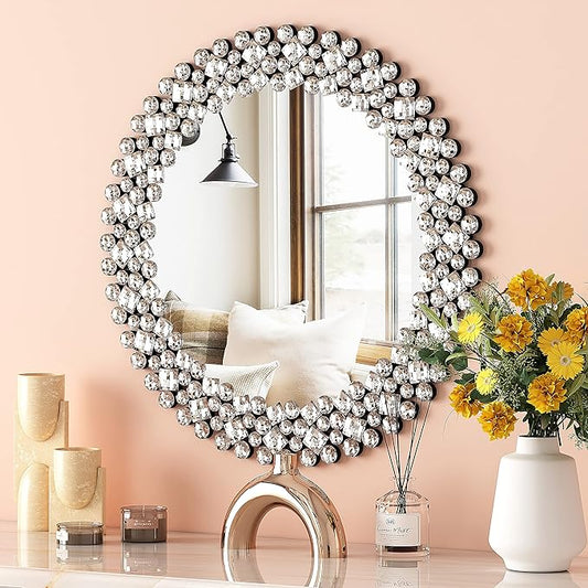 SHYFOY Crystral Round Mirror for Wall Decor,24" Large Wall Mirrors with Luxury Jeweled Decorative Mirror Circle Accent Mirrors for Living Room Bathroom Bedroom Fireplace Decor