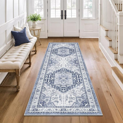2x5 Washble Hallway Runner Rug - Vintage Non Slip Rugs for Entryway Ultra Soft Stain Resistant Distressed Indoor Low Pile Mat Waterproof Carpet for Living Room Bedroom Laundry Navy/Blue