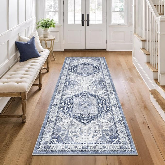 Washable Hallway Runner Rug - 2x6 Kitchen Rugs with Non Slip Backing Vintage Soft Farmhouse Entryway Mat for Living Room Laundry Bedroom Bathroom Navy/Blue