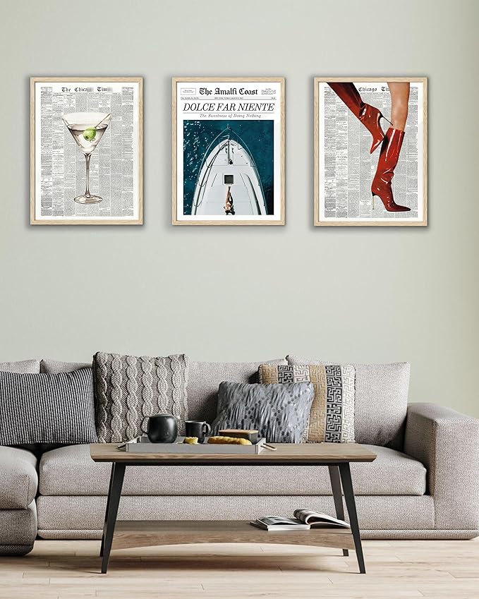 EcoHest UnFramed Trendy Newspaper Red Boots Wall Art, 12x16 in OAK Wood Fashion Icon Canvas Wall Art, Magazine Home Decor, Beige Logs Retro Set of 1 for Bedroom Living Room