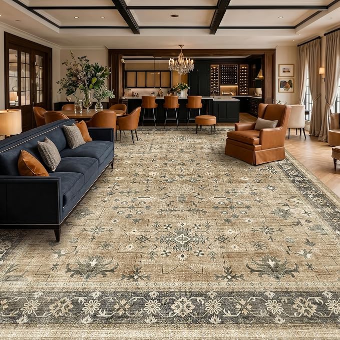 Warm Taupe Sage 9x12 Living Room Rug - Vintage Extra Large Area Rugs for Dining Room Under Table, Washable Low Pile Carpet for Bedroom Under the Bed, Non-Slip Stain & Fade Resistant