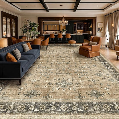 Warm Taupe Sage 9x12 Living Room Rug - Vintage Extra Large Area Rugs for Dining Room Under Table, Washable Low Pile Carpet for Bedroom Under the Bed, Non-Slip Stain & Fade Resistant