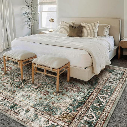 CHAMPLANT Washable Area Rug 5'x7' Green Retro Boho Chic Medallion Distressed Design Living Room Indoor Non-Slip Large Oriental Accent Throw Rugs for Kitchen Bedroom Office Carpet