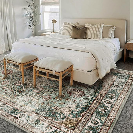 CHAMPLANT Green Area Rug 10'x14' Washable Vintage Traditional Mat Distressed Indoor Foldable Thin Retro Accent Floral Print Rug Non Slip Carpet for Living Room Dining Room Office