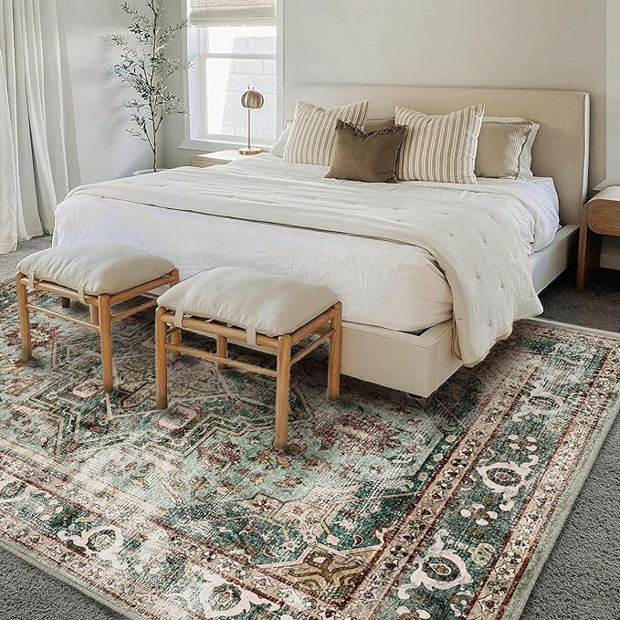 CHAMPLANT Area Rug 8'x10' Green Washable Vintage Traditional Mat Distressed Indoor Foldable Thin Retro Accent Floral Print Non Slip Carpet for Living Room Dining Room Office