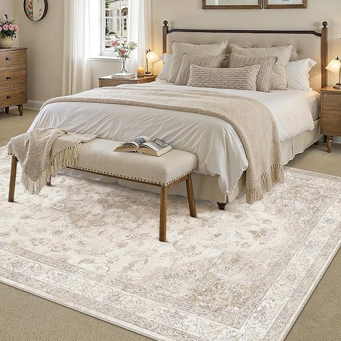 PureCozy Beige Area Rug 7x10 Washable Living Room Carpet Vintage Non Slip Soft Bedroom Indoor Office Retro Low Pile Thin Oriental Medallion Large Rug for Dining Room Bathroom Playroom