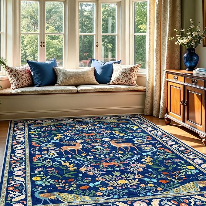 5x7 Blue Rugs for Living Room, Stain Resistant Non Slip Area Rug for Dining Room, Bedroom Floral Décor Indoor Carpet, Low Pile & Soft