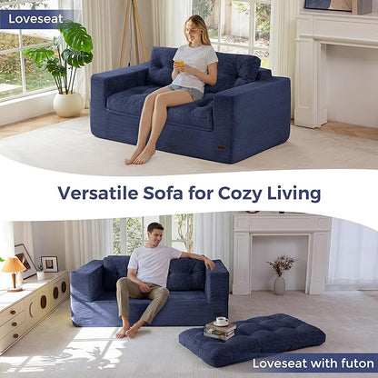 MAXYOYO 63" Loveseat Sofa Couch for Small Spaces, Upholstered Boneless Cloud Couch for Apartment Bedroom, 2-Seater Love Seat Floor Modern Sofa with Pillows, No Assembly Required, Navy