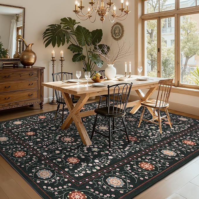 GarveeHome Boho 8x10 Area Rugs for Living Room, Floral Vintage Rugs for Bedroom with Soft Low Pile, Non Slip Stain Resistant Washable Rug 8x10 for Dining Room Black Large Carpet for Office Playroom