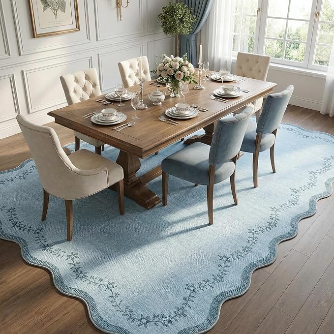 GarveeHome Scalloped Area Rugs 8x10 for Girls Bedroom, Solid Blue Large Washable Rug Soft Non Slip Backing Floor Mat Carpet Indoor Thin Rug for Living Room Dining Room Playroom Nursery Home Decor
