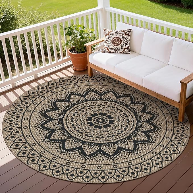 Easy Jute Outdoor Round Rug, 6ft Washable Indoor Outdoor Patio Rug, Black Non Slip Round Area Rug Farmhouse, Boho Carpet for Backyard Patio