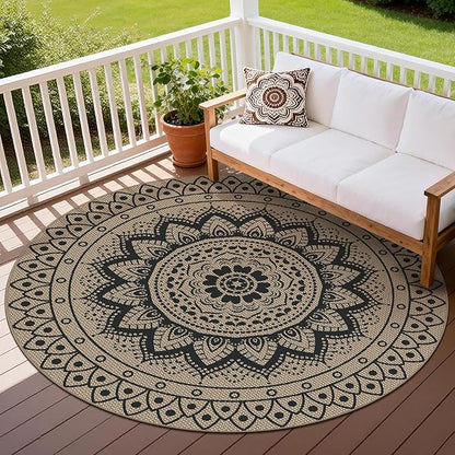 Easy Jute Outdoor Round Rug, 6ft Washable Indoor Outdoor Patio Rug, Black Non Slip Round Area Rug Farmhouse, Boho Carpet for Backyard Patio