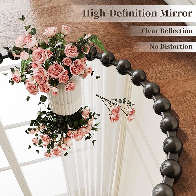 Round Vanity Mirror with Beaded Frame, 28 Inch Circle Wall Mirror for Bedroom Dresser, Entryway, Bathroom, Living Room, Decorative Hanging Wall Mirror, Black