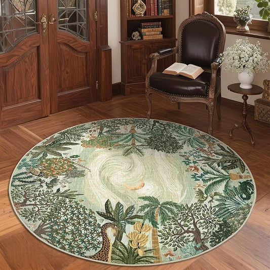 GarveeHome Round Area Rugs 5ft for Bedroom, Green Jungle Washable Circle Rug Soft Non Slip Forest Animal Print Floor Mat Tiger Carpet Indoor Thin Rug for Kids Room Dining Room Playroom Nursery