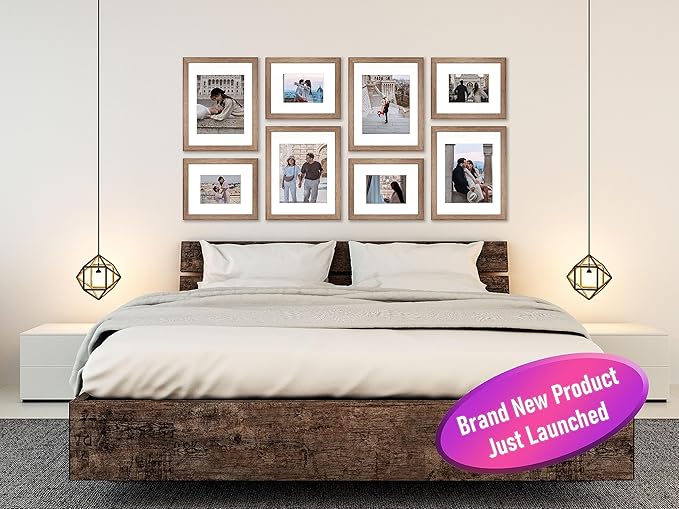 VELISTA 8 Piece Rectangle Gallery Wall Frame Set - Rustic Photo Frame Set with Mat 5x7/8x10 - Picture Frame Set for Wall Collage made of Engineered Wood – Farmhouse Assorted Picture Frames (Walnut)