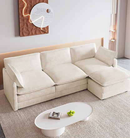 ROWHY 112'' Oversized Modular Sectional Cloud Couch with Movable Ottoman, 4 Seat Modern Corduroy Sofa, Deep Seat L Shaped Couch for Living Room Bedroom Apartment, Cream