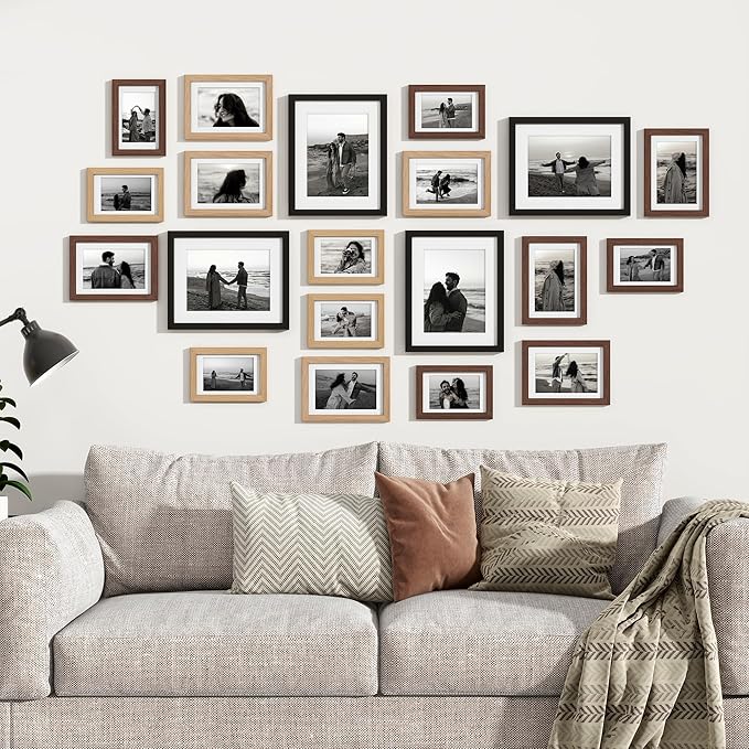 Venusmiles 20 Pack Picture Frames Collage Wall Decor, Gallery Frame Set for Wall Mounting or Tabletop Display, Multi Sizes Including 4pcs 8x10, 8pcs 5x7, 8pcs 4x6, Black+Oak+Walnut