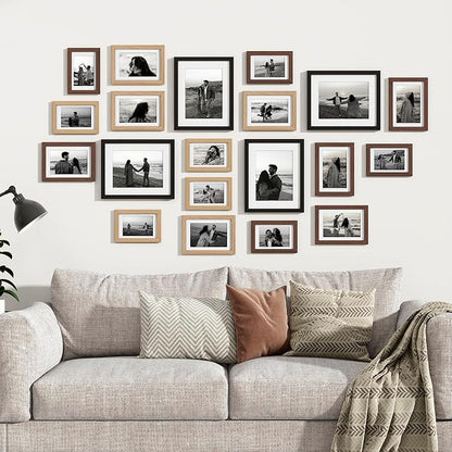 Venusmiles 20 Pack Picture Frames Collage Wall Decor, Gallery Frame Set for Wall Mounting or Tabletop Display, Multi Sizes Including 4pcs 8x10, 8pcs 5x7, 8pcs 4x6, Black+Oak+Walnut