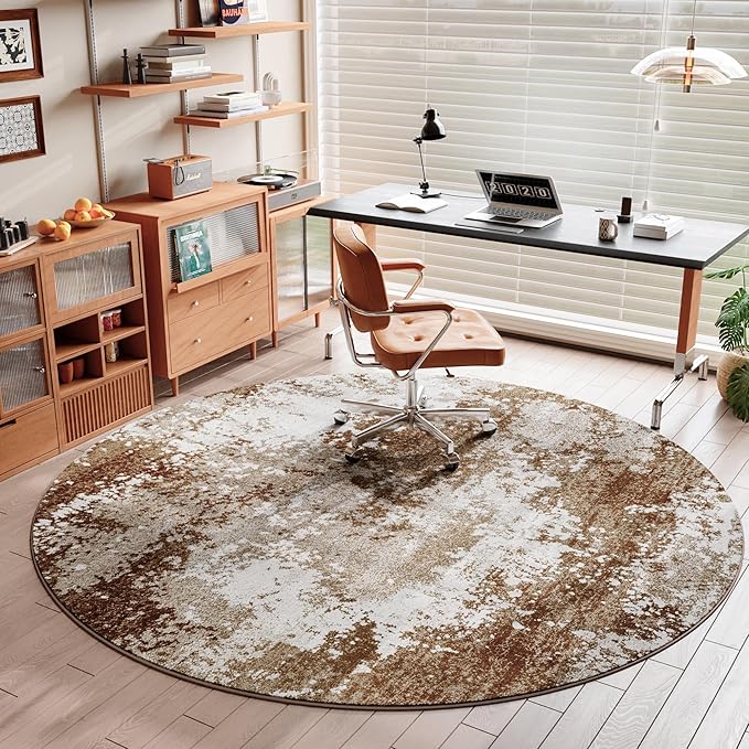 Brown Round Area Rugs 4ft Washable Circle Rug for Entryway Kitchen, Non Slip Soft Low Pile Stain Resistant, Boho Circular Carpet for Living Room Bedroom Dorm Dining Room Table, Abstract Coffee