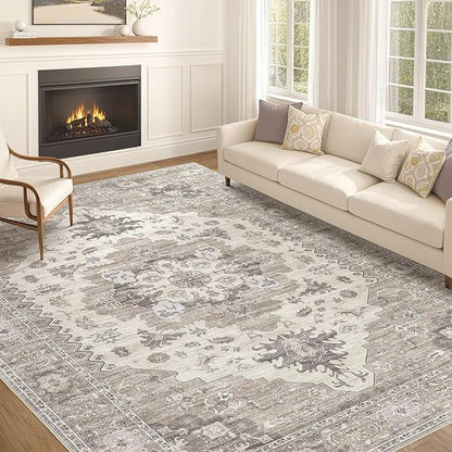 EIEIHOUSE Washable Area Rugs for Living Room -10x13 Neutral Vintage Distressed Floral Farmhouse Boho Large Soft Floor Rug Indoor Non Slip Carpet for Living Room Bedroom Dining Room Office-Brown/Beige