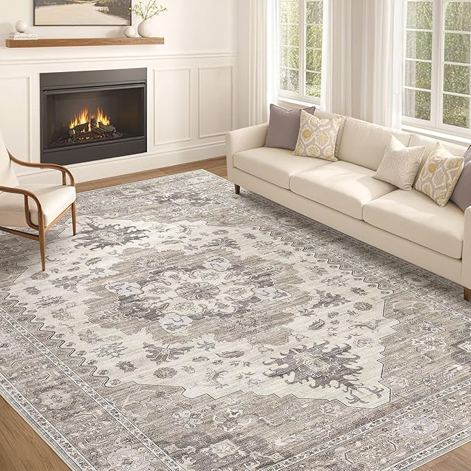 EIEIHOUSE Washable Area Rugs for Living Room - 10x14 Neutral Vintage Distressed Floral Farmhouse Boho Large Soft Floor Rug Indoor Non Slip Carpet for Living Room Bedroom Dining Room Office-Brown/Beige