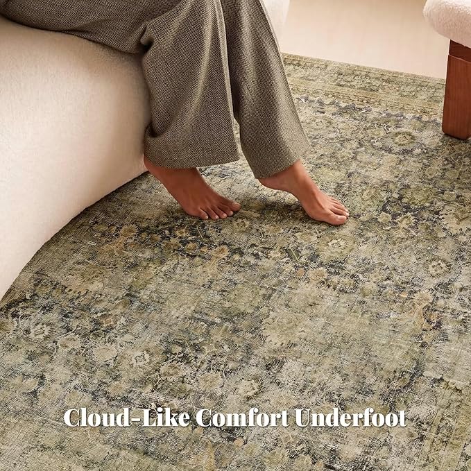 Washable 4x6 Rugs for Living Room, Boho Non-Slip Vintage Distress Small Rugs for Bedroom Nursery Office, 0.3" Neutral Oriental Throw Thin Carpet with Cushioning Pad, Moss/Yellow/Multi, C3