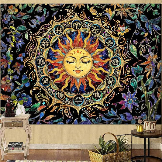 Neasow Mystic Hippie Sun Tapestry, Twelve Constellation Aesthetic Astrology Wall Art, Boho Stained Glass Floral for Living Room Bedroom Home Decor, 36x48 inches