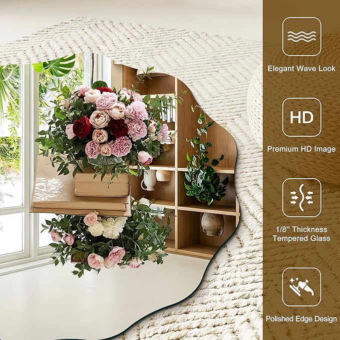 CILIBER Frameless Wavy Round Mirror, 20'' Scalloped Circle Wall Mirror, 3mm Tempered Glass Decorative Bathroom Vanity Mirror, Mounting/Leaning for Mantel, Living Room, Bedroom and Entryway