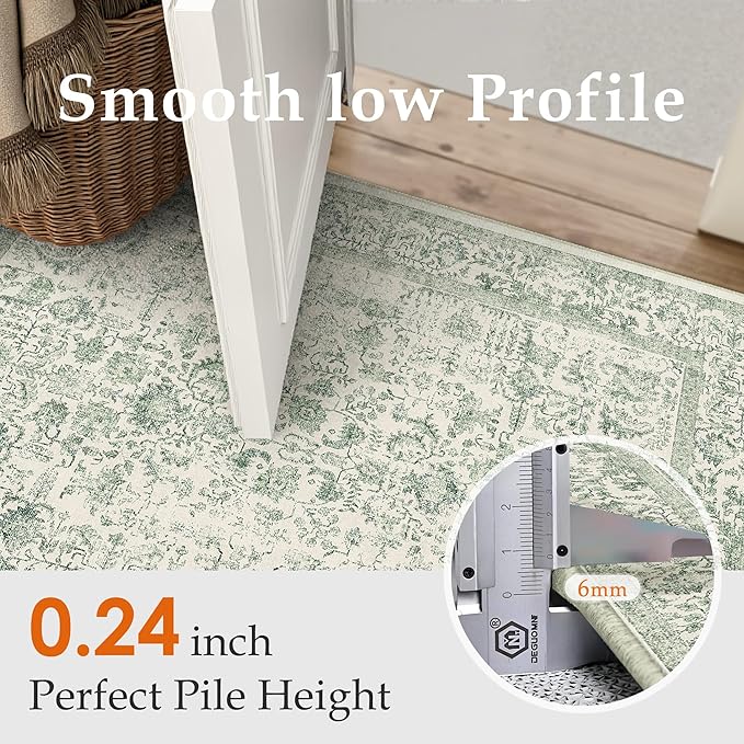 PureCozy Sage Green Area Rug 5x8 Living Room Washable Carpet Vintage Distressed Non Slip Kitchen Carpet Neutral Low Pile Retro Floral Farmhouse Throw Rug for Home Office Bedroom Laundry Dining Room