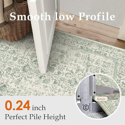 PureCozy Runner Rug 2x6 Sage Green Hallway Washable Vintage Distressed Kitchen Carpet Non Slip Neutral Low Pile Retro Floral Farmhouse Long Throw Rug Entryway Bathroom Office Laundry Dining Room