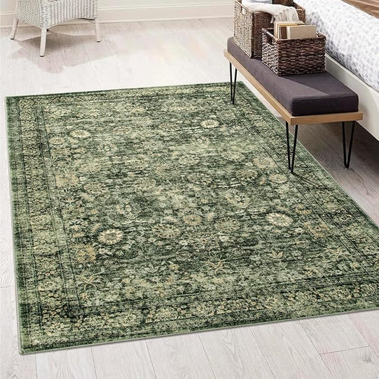 Morebes 5 x 7 Area Rugs Washable Rug Boho Soft Living Room Rugs, Non-Slip Non-Shedding Distressed Large Vintage Rug for Bedroom Farmhouse Dining Room Indoor Playroom,Grayish Green