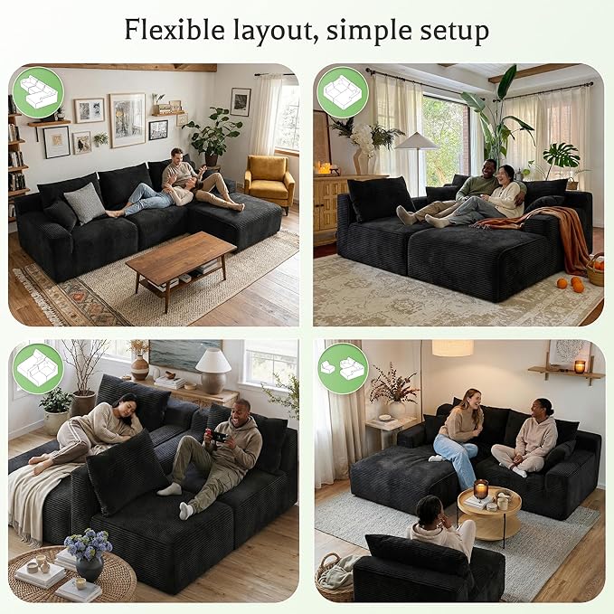 Homkdom L-Shaped Cloud Boneless Couch with Deep Seat, Modular Sectional Sofa with Oversized Chaise, 6 Layouts Combination for Living Room, Apartment, No Assembly Required (Black, Right Facing Chaise)