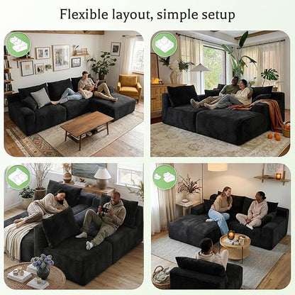 Homkdom L-Shaped Cloud Boneless Couch with Deep Seat, Modular Sectional Sofa with Oversized Chaise, 6 Layouts Combination for Living Room, Apartment, No Assembly Required (Black, Right Facing Chaise)